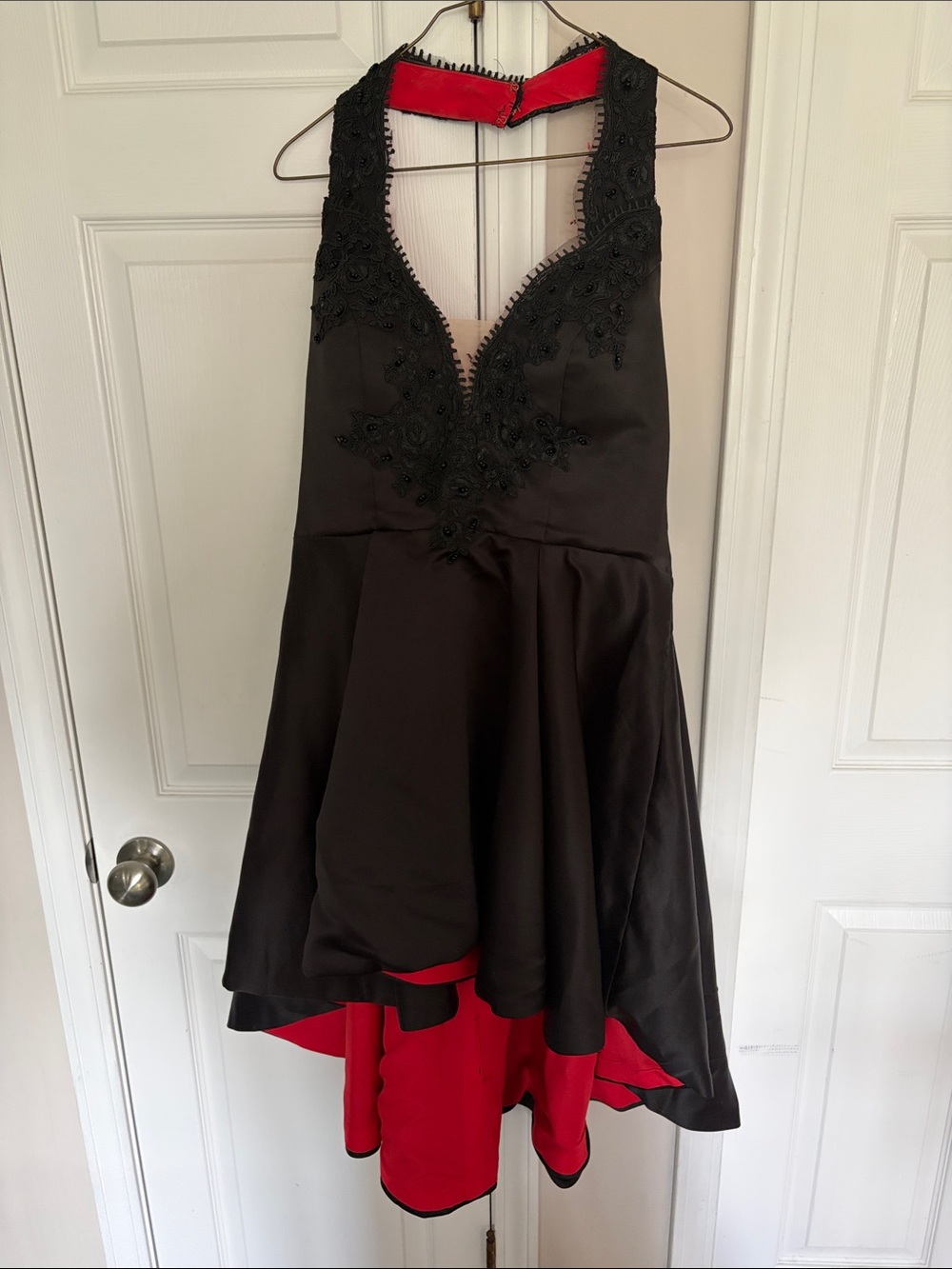 Black Halter High-Low Dress with Red Contrast